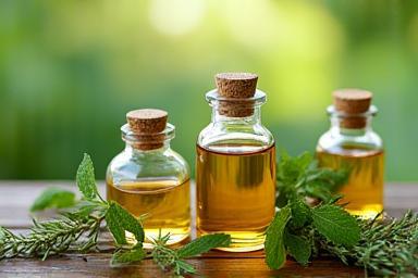 Bouteilles d’huiles essentielles avec herbes fraîches